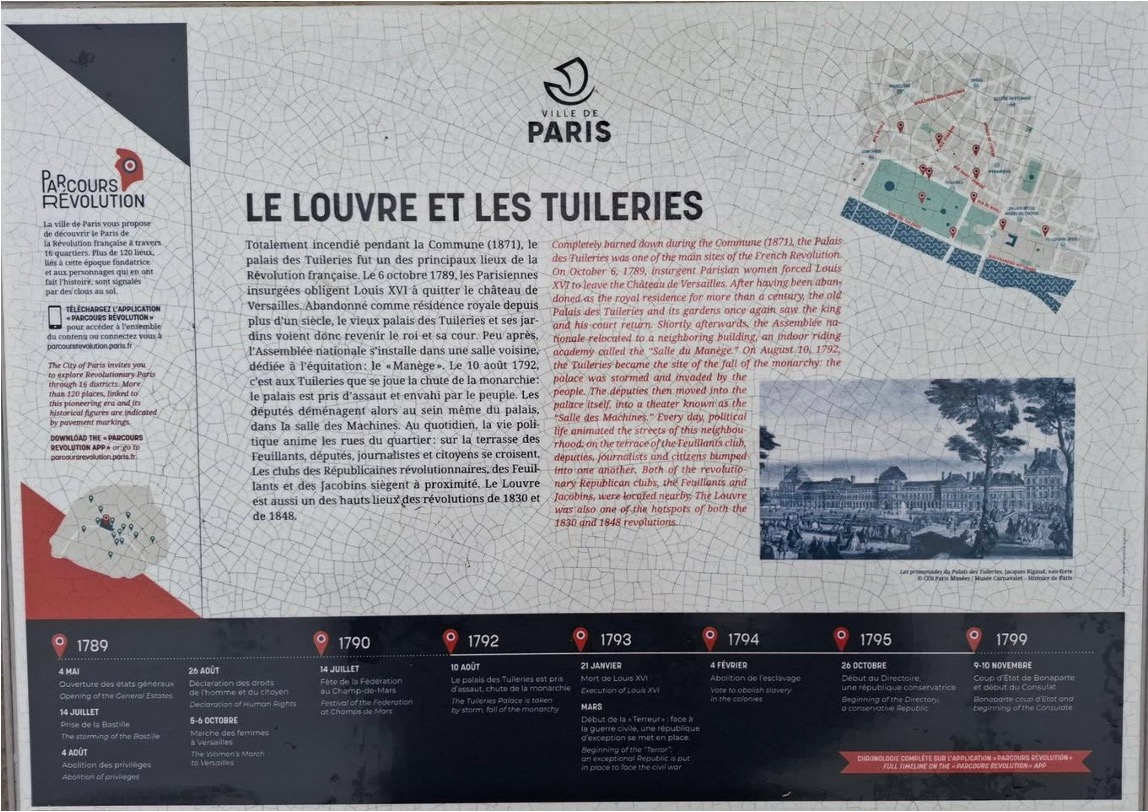Parcours Révolution information panel titled Le Louvre et les Tuileries, with a timeline of the French Revolution